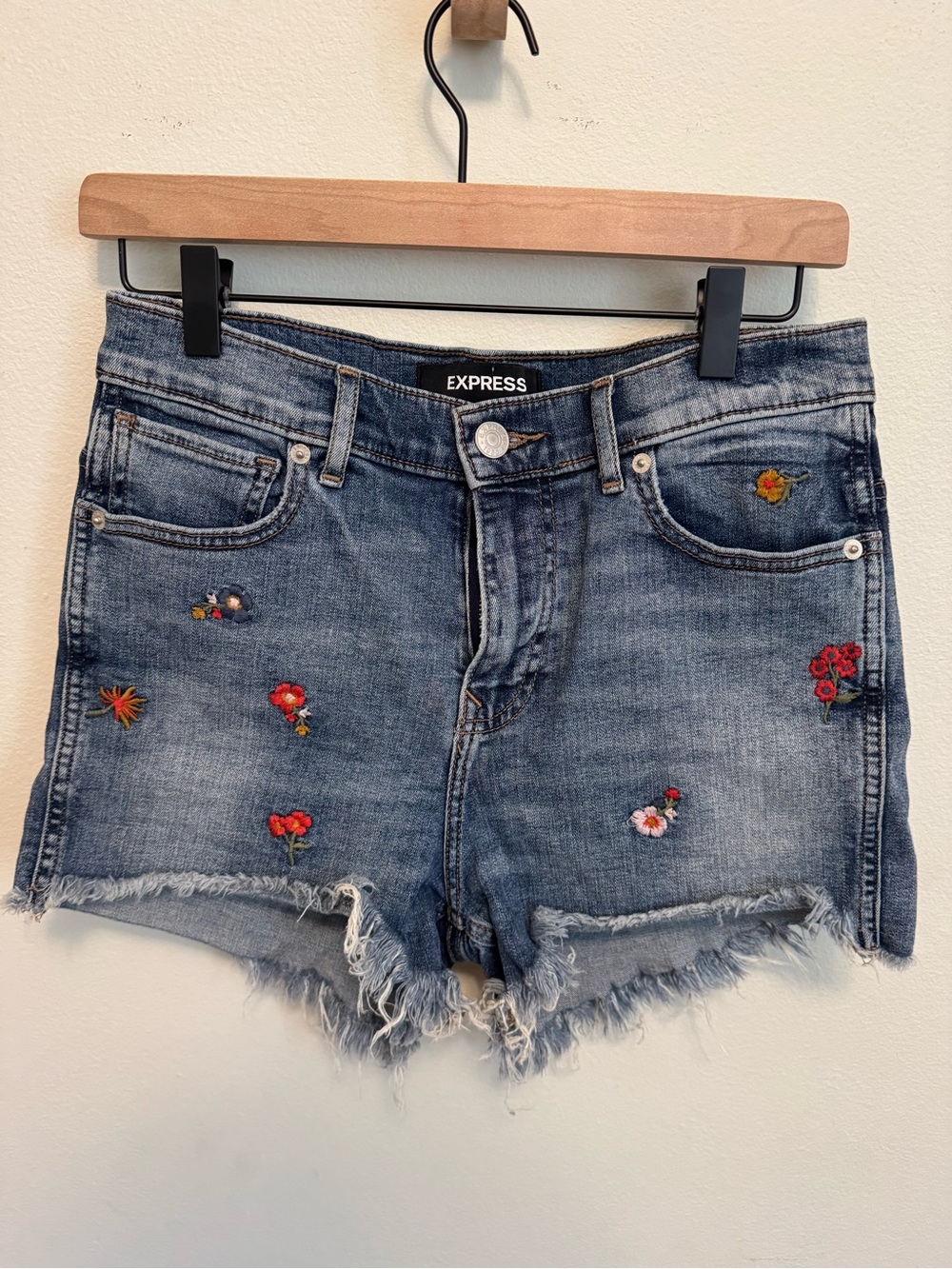 Express Floral Embroidered Blue Denim Cutoff Shorts
